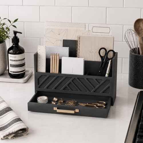 BLU MONACO | Wooden Mail Organizer with Drawer Gold Handle | Mail Sorter Organizer Countertop and Outgoing Mail Holder | Tabletop Organizer with Drawers Grey Desk Storage