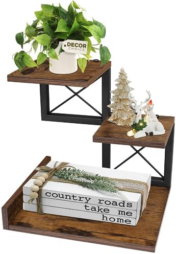 ELITEROO Desk Shelf Organizer, Wood Desktop Organizer Small Bookshelf, 3 Tier Storage Shelf Riser Display Stand for Office Decor and Desk Accessories, Rustic Brown Black