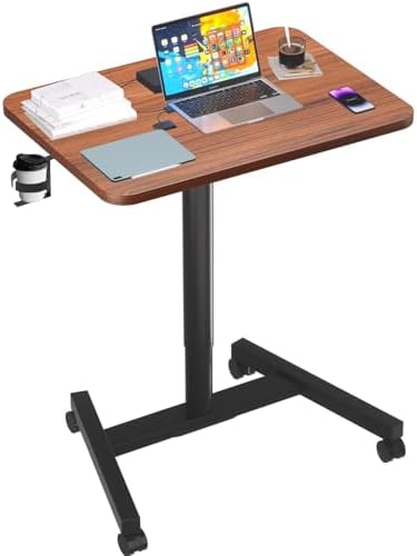 28-Inch Mobile Standing Desk, Computer Workstations with Cup Holder, Portable Standing Desk with Lockable Wheels, Rolling Table for Home Office Classroom Hospital (Walnut)