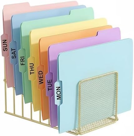 Gold Desk Organizer 7 Slot Inclined Vertical File Folder Holder Sorter with Mesh Front Metal Wire Rack for Mail, Slim Binders, Books Office Organization Desktop Accessories