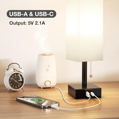 White Bedside Table Lamp for Bedroom - Desk Lamp For Nightstand, USB C+A