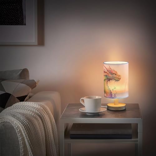Bedside Lamp Watercolor Dragon Table Lamp for Bedroom LED Nightstand Lamp Shade USB Ports Wood Base for Living Room Dorm Office