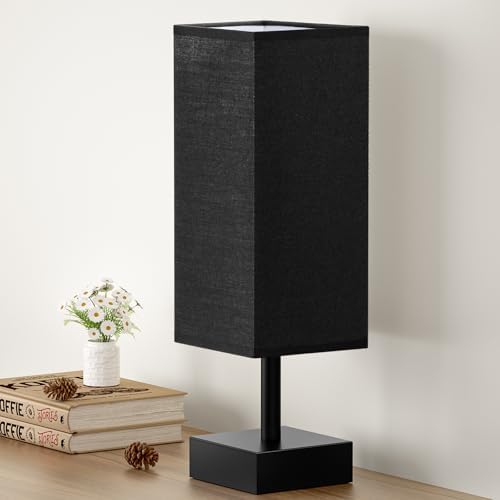 aooshine Small Bedside Table Lamp for Bedroom - Square Black Fabric Shade