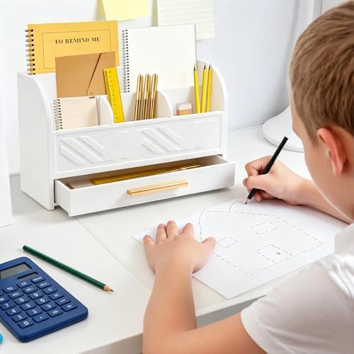 Charmewooden White Desktop Organizer with Drawer Storage, White Desk Organizer Mail Holder Mail Organizer Countertop Pen Holder Letter Sorter Make up Organizer for School Home Office Supplies
