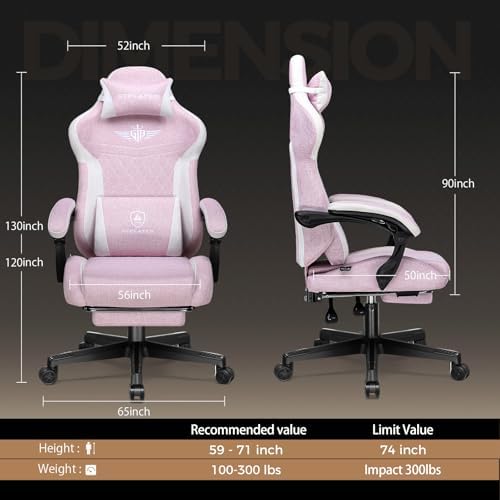 GTPLAYER Gaming Chair with Footrest, Big and Tall Game Chair High Back Computer Office Chair with Lumbar Support for Adults, Ergonomic Swivel Games Chair with Cushion Gaming, Fabric Pink