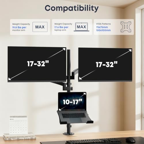 Dual Monitor and Laptop Mount Stand, Fits 32" Screens & 17" Laptops