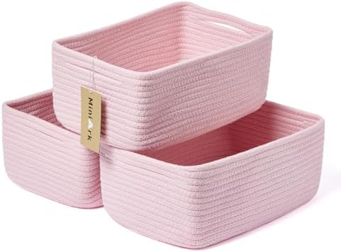 MiniArk Small Storage Baskets for Organizing | Closet Organizer Bins | Shelf Toy Basket | Woven Rope Baskets | Cube Decorative Box | Shallow Basket | 13x8.5x5.1” | 3 Packs Pink