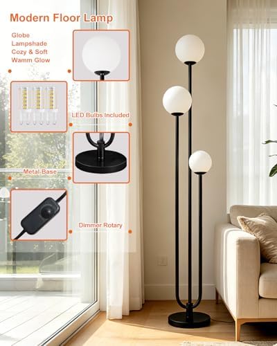 Lightdot 63IN Black Floor Lamp Dimmable with Mid Century Standing Lamps, 3000K Warm White Bulbs Included, Modern Globe Floor Lamp with 5Lbs Heavy Base for Living Room/Bedroom/Sofa Beside/Corner Decor