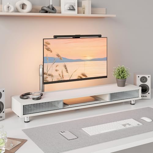 Fenge Dual Monitor Stand with Storage, Desk Shelf with Glass Sliding Door