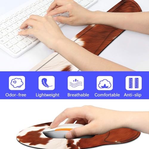 Keyboard Wrist Rest and Mouse Pad Wrist Support Set with Coaster,Comfortable for Easy Typing,Pain Relief,Memory Foam Keyboard Pad Set for Laptop Mac,Cowhide Farm Animal Skin Leopard Brown Cow