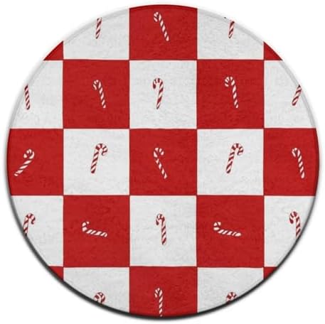 Fashion Round Area Rug Large Non Slip Carpet Unisex Home Decor Mat Candy Cane Red Checkered Christmas
