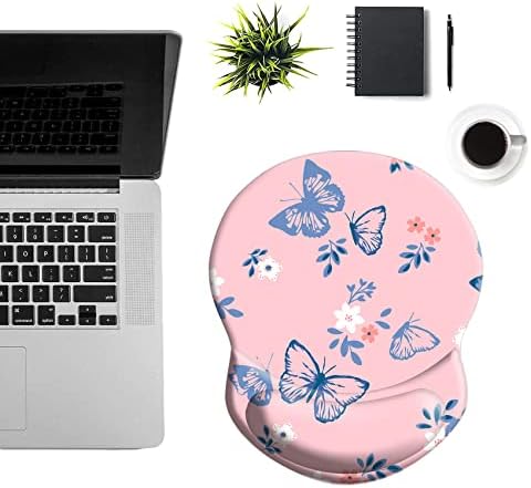 Ergonomic Wrist Support Mouse Pad - Comfortable Computer Mouse Pad with Non-Slip PU Base for Home Office Working Gaming (Blue Butterfly on Pink)