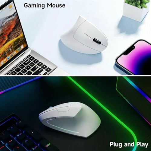 Ergonomic Vertical Wireless Mouse Stylish Rechargeable 2.4G Optical Mice Cordless Mouse with USB Receiver, 800/1200 /1600 DPI, 5 Buttons for Laptop,PC,Mac,Computer (White)