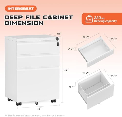 INTERGREAT 3 Drawer Mobile File Cabinet with Lock, Metal Filing Cabinets for Home Office, Rolling Under Desk Organizer for Letters/Legal/A4, (Fully Assembled-White)