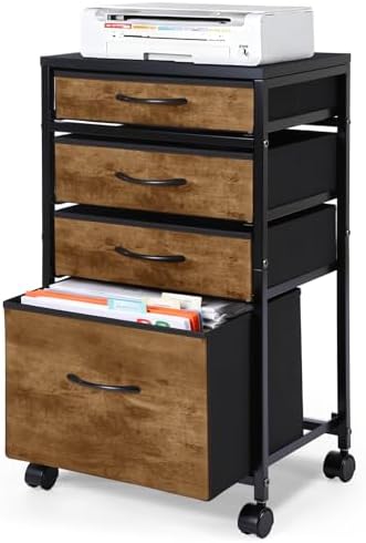 Chunful 4 Drawer Rolling File Cabinet Mobile Printer Stand Metal Cart with Fabric Vertical Filing Chest Wheels A4 Letter Size Under Desk Utility Craft Storage Organizer for Home Office School(Brown)