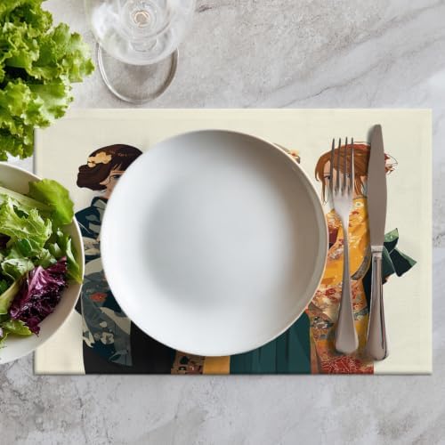 Batmerry Traditional Clothing Fan Art Placemats, Cultural Dress Hand Held Washable Linen Table Mats for Kitchen Table Double Insulation Decor Dining Set Indoor Outdoor 12X18 in Set of 6