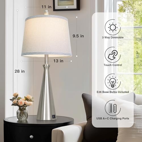 Rinweey 28" Silver Touch Table Lamps Set of 2 with USB A+C Ports, 3-Way Dimmable Bedroom Lamps for Night Stands, Tall Modern Living Room Lamps for End Tables (2 LED Bulbs Included)