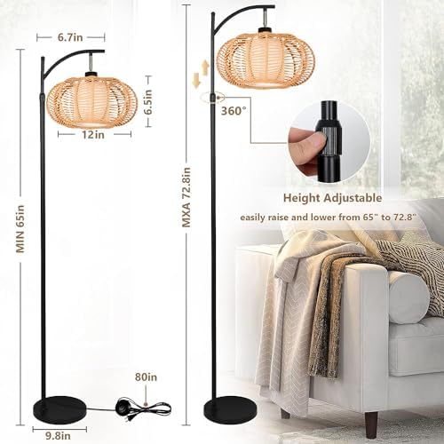 ZECOXOL Arc Floor Lamps for Living Room Bedroom Rattan Boho Floor Lamp with Remote Control,Dimmable Led Standing Lamp Wicker Lamp Shade Rustic Tall Floor Lamp Modern Flower Lamp for Bedroom Corner