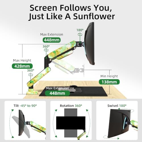 Single Monitor Arm for 17 to 35 inch, Hold 22 lbs, (Stone Green)