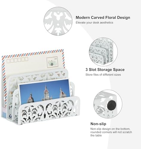EasyPAG 2 Pack Mail Organizer with Hollow Floral Design, Metal Desktop Letter Sorter – 3 Compartments, No Assembly, Anti-Slip Feet for Office/Home Desk, White