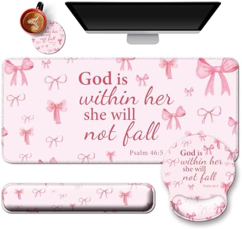 4 in 1 Mouse Pad Set with Wrist Rest for Keyboard,Desk Mat,Coaster-Pink Bow