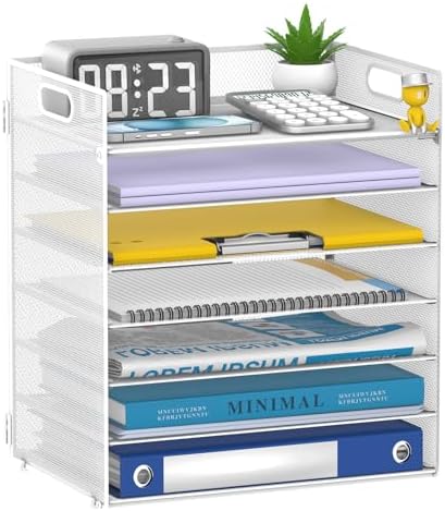 7 Tier Paper Organizer for Desk with Letter Trays & Handle White