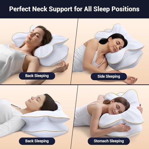 AZBESTPRO Memory Foam Cervical Pillow for Neck Support & Pain Relief, Butterfly Ergonomic Design – 24×15.75×5.7 Inches, Removable 100% Polyester Pillowcase, Suitable for Side & Back Sleepers (Gold)
