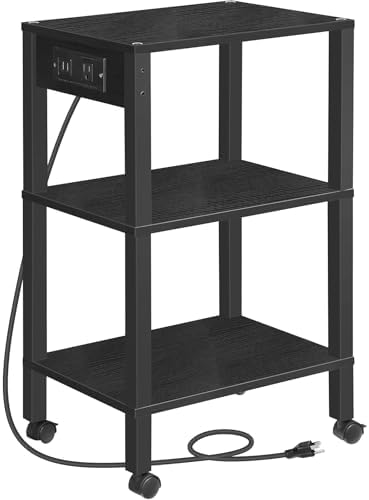 HOOBRO 3-Tier Printer Stand with Charging Station, Under Desk Printer Table, Printer Cart with Storage Shelves, Shelf for Small Spaces, for Home Office, Black BK63UPS01