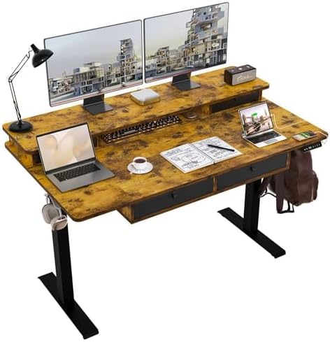 55 * 30 Inches Electric Standing Widened Desk Adjustable Height with 4 Drawers, Double Storage Shelves Stand Up Desk, Home Office Workstation Sit Stand up Desk (Rustic Brown)