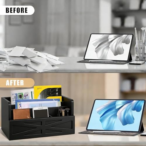 Mail Organizer Countertop, Wood Mail Holder Sorter for Desk, Rustic Bill Storage Organizer Box, Office Letter Basket for Document File Folder Paper Envelope (Black)