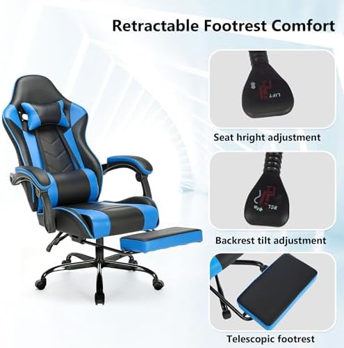 Big and Tall Gaming Chair with Footrest, Ergonomic Computer Desk Chair with Lumbar Support & Headrest, High Back PU Leather Gaming Office Chair, Reclining Swivel Task Chair for Office or Gaming