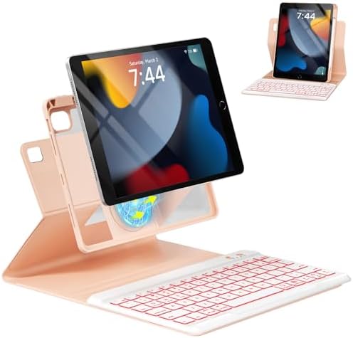 Magnetic Keyboard Case for iPad 9th/8th/7th Generation 10.2 inch, iPad Pro 10.5-inch Air 3rd Case with Pencil Holder, 7 Color Backlight BT Keyboard (2021/2020/2019/2017), Pink