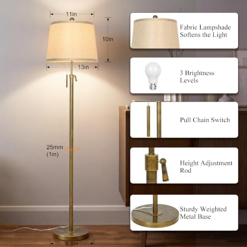 Antique Brass Floor Lamp Adjustable Height 55" to 65" Tall 3 Brightness Way