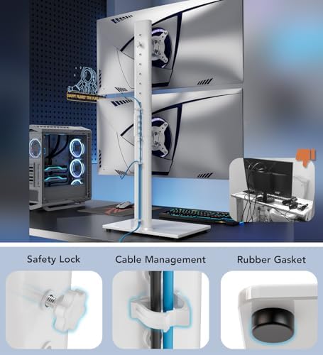 Hemudu Dual Monitor Stand - Vertical Stack Screen Free-Standing Monitor Riser Fits Two 13 to 34 Inch Screen with Swivel, Tilt, Height Adjustable, Holds One (1) Screen up to 44Lbs HT05W-002 White