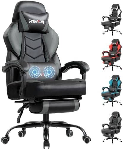 Big and Tall Gaming Chair 350lb, Ergonomic Computer Chair with 2-Point Lumbar Vibration Massage, Breathable PU Backrest, Footrest, Multiple Colors for Adults Kids Gaming Office（Grey）