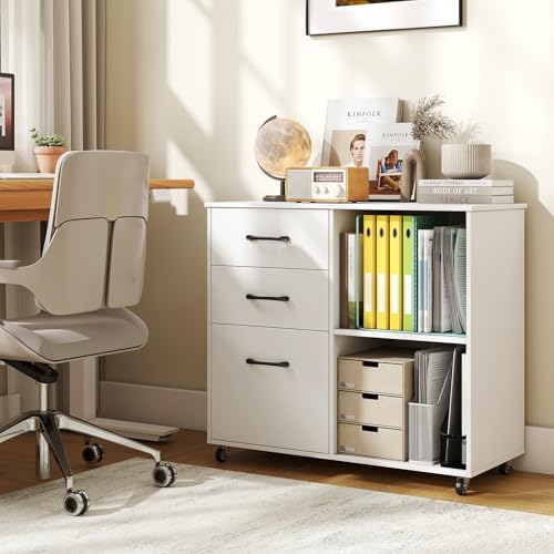 Giantex 3-Drawer Mobile File Cabinet, Rolling Printer Stand with Open Storage Shelves, Under Desk Lateral Filing Cabinet for Letter/A4 Size, Wooden Office Organizer with Wheels for Home Office (White)