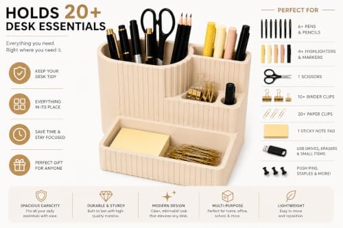 Desk Organizer with Multiple Compartments, Desktop Organizer for Office Supplies, Pens, Pencils, Markers, Scissors, Sticky Notes & Paper Clips, Modern Desk Storage for Home Office, School & Dorm