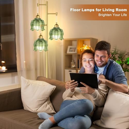 ZECOXOL Vintage Floor Lamps for Living Room Bedroom-3 Light Glass Floor Lamp with Three Led Bulb, Modern Mid Century Standing Lamp Brass Tall Lamp Gold Tree Floor Lamp for Bedroom Corner