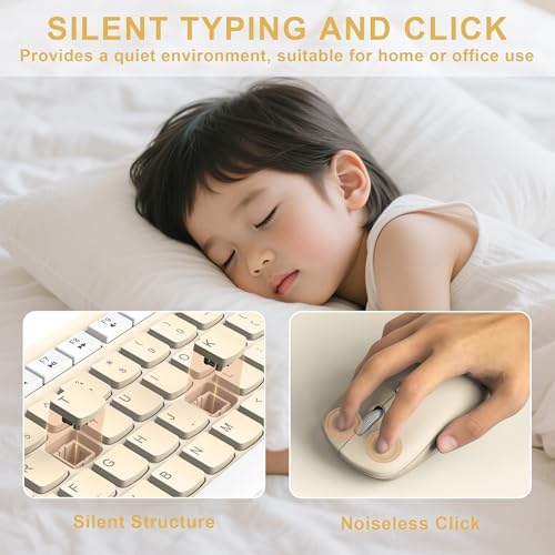 Wireless Keyboard and Mouse Combo Silent for Office and Home(Latte Color)