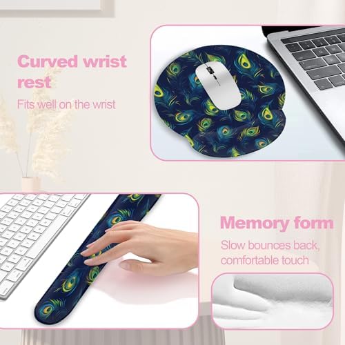 Blue Peacock Feather Keyboard Wrist Rest Pad and Mouse Pad Wrist Support Set,3-in-1 Ergonomic Mouse Pad with Non-Slip Rubber Base for Home Office Game Computers Desk,