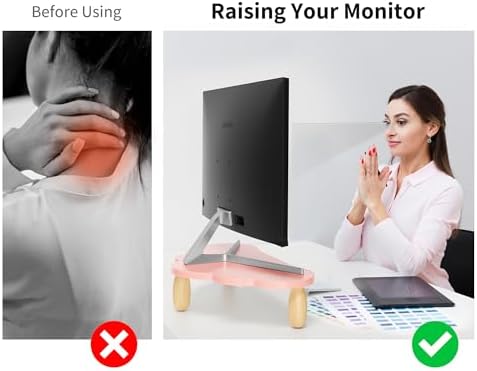 AFOOYO Monitor Stand Riser,Cloud-Shaped Sturdy Wood 16.5In Computer Monitor Riser Wirh Drawer, Multi-Purpose Desktop Organizer Riser for Computer,Laptop,Printer,TV,Pink