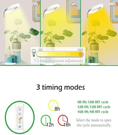 Yadoker 72 LEDs Full Spectrum Plant Grow Light with Base for Indoor Plants，Height Adjustable, 6.3" Aluminum Housing,Automatic Timer with 8/12/16 Hours,10-Level Brightness,White Plant Light,1Pack