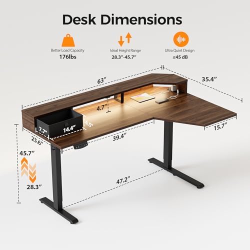 Agilestic 63*35 Inch L Shaped Standing Desk with Shelf & Led&Outlet, Walnut