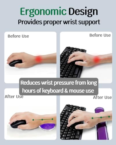 Clear Gel Keyboard Wrist Rest with Mouse Pad Wrist Support, Ergonomic Wrist Rest for Computer Keyboard and Mouse, Non-Slip Cooling Keyboard Pad for Office, Gaming & Laptop (Purple)
