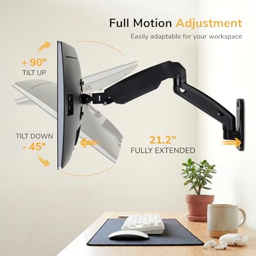 Mount-It! Monitor Wall Mount Arm, Full-Motion Gas Spring, Fits 13–32″ Screens up to 14.3 lbs, VESA 75x75 & 100x100, Tilt Swivel Rotate, Single-Stud Wall Mounted Computer Monitor Arm, RV Compatible