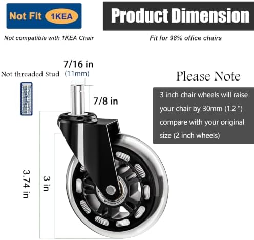 Office Chair Caster Wheels Replacement 3 Inch Roller Blade, Set of 5