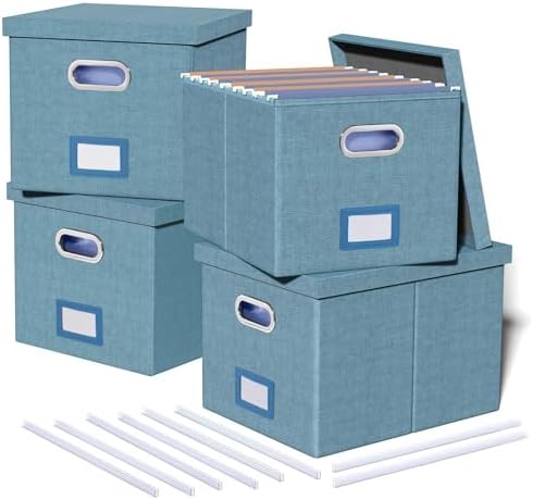 Oterri 4 Pack File Storage Organizer, Document Organizer, Portable File Box with Lid, Fit for Letter/Legal File Folder Storage,Dark Blue-Box only