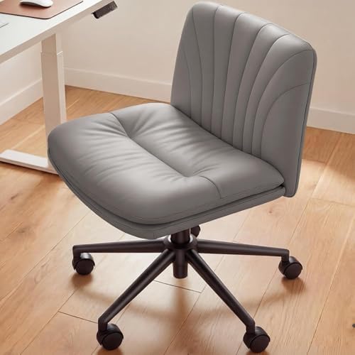 Marsail Criss Cross Office Chair with Wheels, Armless Wide Desk Chair for Active Sitting, PU Leather Cross Legged Chair for Home Office, Pet-Friendly & Easy Clean, Grey