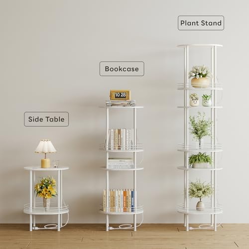 Small Oval Side Table with Charging Station, 2-Tier White Round End Table