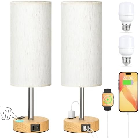 Touch Bedside Table Lamps Set of 2 - Bedroom Lamp with USB A+C, AC Outlet